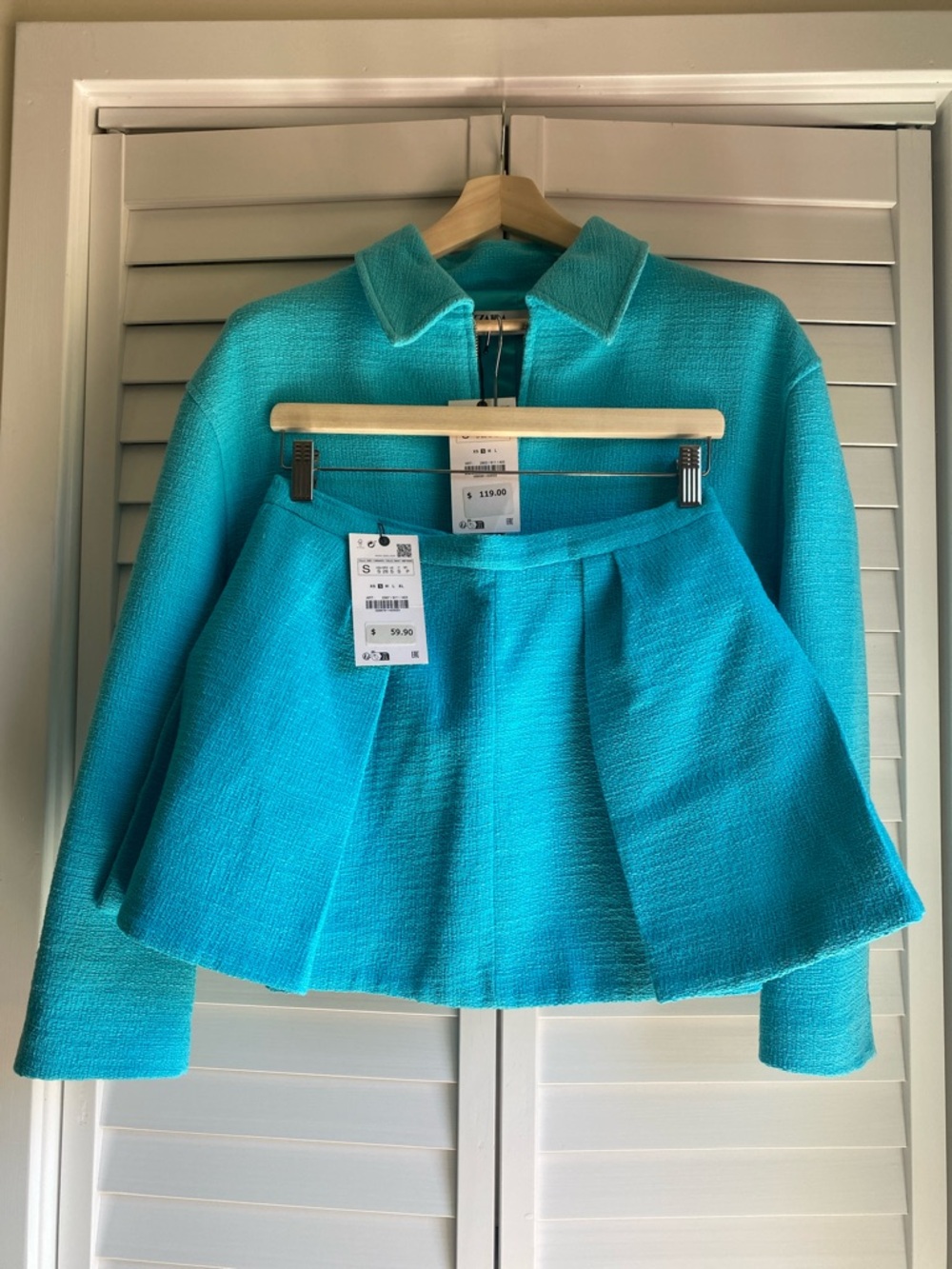 ZARA SET: textured bomber jacket + skort sky blue size S NWT